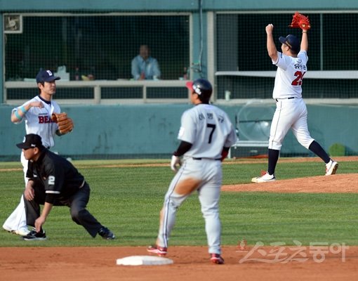 타자나 투수나 만루에서 긴장되기는 마찬가지다. 결국 더 자신감을 갖고 긍정적으로 임하는 자가 우위를 점한다. 두산 투수 유희관(오른쪽)은 그런 멘탈에서 으뜸에 속한다. 스포츠동아DB