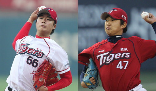 KIA 한승혁-박경태(오른쪽). 사진제공｜스포츠코리아