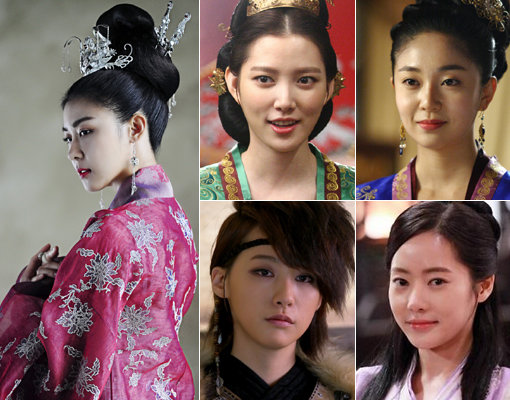 MBC 월화드라마 ‘기황후’의 주인공 하지원(맨 왼쪽)과 함께 각자 맡은 캐릭터를 완벽하게 소화하며 작품의 인기를 이끈 여배우 4인방 임주은, 백진희, 윤아정, 유인영(가운데 위부터 시계방향으로). 사진제공｜MBC·스타케이엔터테인먼트