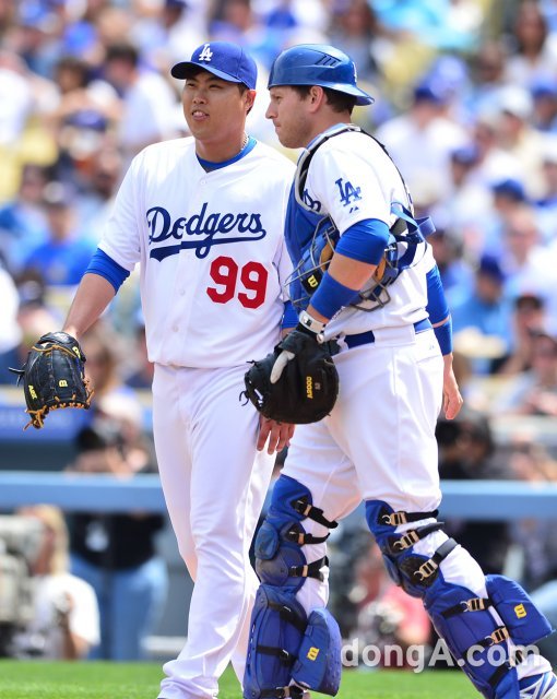 LA 다저스 류현진-A.J. 엘리스. 동아닷컴DB