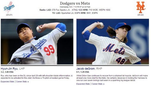LA 다저스 류현진-뉴욕 메츠 제이콥 디그롬. 사진=메이저리그 공식 홈페이지