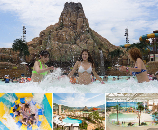 올 여름 워터파크계의 새로운 강자로 부상한 김해 롯데워터파크. 후발주자의 불리함을 극복하기 위해 규모의 차별화와 ‘신상’ 어트랙션을 강조해 주말 평균 1만명이 찾을 정도로 방문객이 크게 늘고 있다. (맨 위 사진부터 시계 반대방향으로) 파크 중앙에 우뚝 솟은 롯데워터파크 아이콘 ‘자이언트 볼케이노’, 203m로 국내 최대 규모를 자랑하는 ‘더블 스윙 슬라이드’, 동시에 1만3000명을 수용하는 롯데워터파크 전경, 스윙 슬라이드가 있는 실내 전경. 사진제공｜김해 롯데워터파크