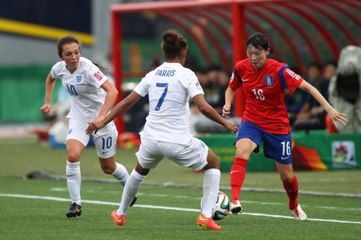 하은혜(오른쪽)가 7일(한국시간) 캐나다 멍크턴 스타디움에서 열린 2014 U-20 여자월드컵 잉글랜드와의 조별리그 C조 1차전에서 상대 수비 사이로 볼을 몰고 있다. 사진제공｜대한축구협회