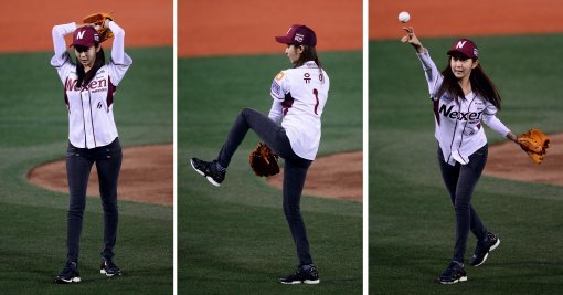 28일 서울 목동야구장에서 열린 2014 한국야쿠르트 세븐 프로야구 플레이오프 2차전 넥센히어로즈 대 LG트윈스 경기 전 걸그룹 애프터스쿨 의 유이가 시구를 하고 있다. 목동 | 김종원기자 won@donga.com 트위터@beanjjun