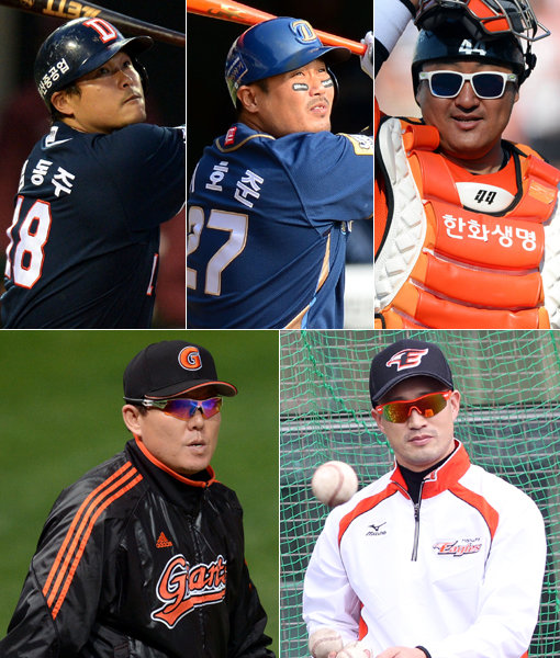 한국야구 황금세대인 94학번의 대표주자 김동주, 이호준, 조인성, 김재현, 주형광(왼쪽 위부터 시계방향). 94학번들은 고졸 최초 계약금 1억원 돌파, 아직까지 깨지지 않고 있는 야수 역대 최고 계약금 등 프로야구를 화려하게 수놓았다. 사진｜스포츠동아DB·한화 이글스