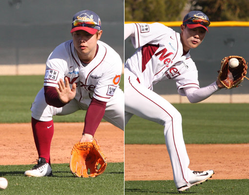 수비 훈련중인 윤석민(왼쪽)-김하성. 사진제공｜넥센 히어로즈