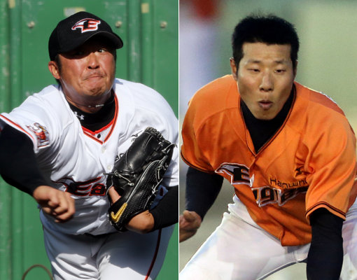 불혹의 임경완(왼쪽)과 권용관(오른쪽)이 작년 각각 SK와 LG에서 방출된 뒤 한화에서 현역의 마지막 불꽃을 태우고 있다. 지옥훈련을 소화하며 새 시즌 중책을 노리고 있다. 사진제공|한화