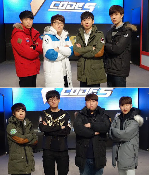 이번 주 ‘2015 GSL 시즌1’ 8강행 티켓의 주인공을 가리는 경기가 열린다. 위쪽 사진은 C조 경기에 나서는 조중혁과 강민수, 이병렬, 정윤종(왼쪽부터). 아래쪽은 27일 열리는 D조에 속한 조성주와 원이삭, 장민철, 김준호(왼쪽부터). 사진제공｜곰eXP