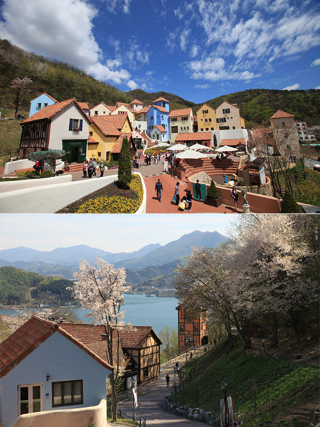 가평 쁘띠 프랑스는 파스텔 색상의 이국적인 예쁜 건물들(위쪽)과 청평호수를 바라다보는 풍광이 매력적이다. 사진제공|쁘띠프랑스