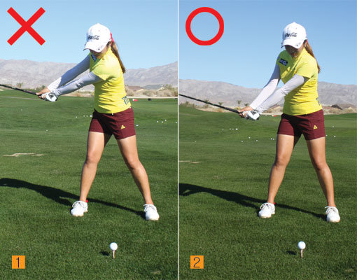 1. 백스윙을 크게 하기 위해서 팔을 쭉 뻗으면서 스윙을 진행하면 상체의 회전에 방해를 주고 하체의 체중 이동도 원활하게 되지 않는다. 2. 몸과 팔을 같이 움직인다는 생각을 기억하자. 손목 코킹은 클럽이 허리 위치를 지날 때 자연스럽게 이루어지는 게 좋다.