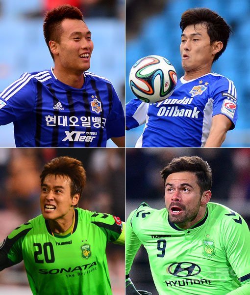 전북과 울산은 ‘타깃형 스트라이커’ 투톱을 내세워 효과를 보고 있다. 울산 장신 스트라이커 김신욱(위 왼쪽)은 양동현(위 오른쪽)과 찰떡 호흡을 보이고 있다. 둘은 나란히 2골씩을 터뜨리며 팀 공격을 주도하고 있다. K리그 최고의 공격수인 전북 이동국(아래 왼쪽)은 에두와 호흡을 맞추고 있다. 에두는 4골, 이동국은 1도움을 기록중이다. 스포츠동아DB