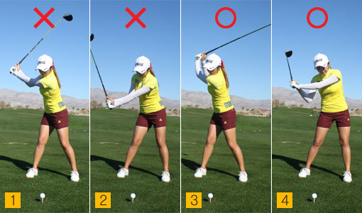 1,2. 빠르고 강한 스윙에서도 비거리가 짧은 이유는 하체와 상체의 움직임 없이 팔로만 스윙하기 때문이다. 백스윙과 다운스윙에서 체중이동이 전혀 이루어지지 않고 있다. 3,4. 정확성을 높이고 더 큰 비거리를 내기 위해선 백스윙과 다운스윙 때 하체의 체중 이동과 상체의 회전이 동시에 진행돼야 한다. 체중이동과 상체 회전은 더 큰 파워를 낼 수 있는 비결이다.