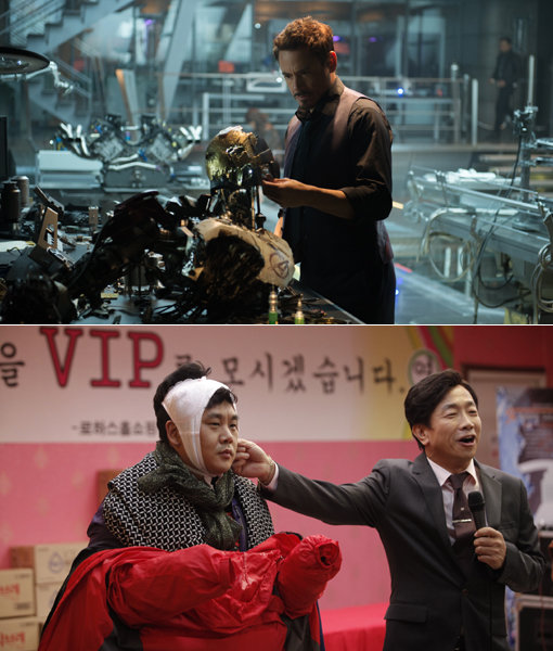‘다윗과 골리앗의 대결?’ 할리우드 영화 ‘어벤져스:에이지 오브 울트론’(위쪽)과 국내 영화 ‘약장수’가 같은 날 개봉해 관객몰이에 나선다. 사진제공|월트디즈니컴퍼니코리아·26컴퍼니
