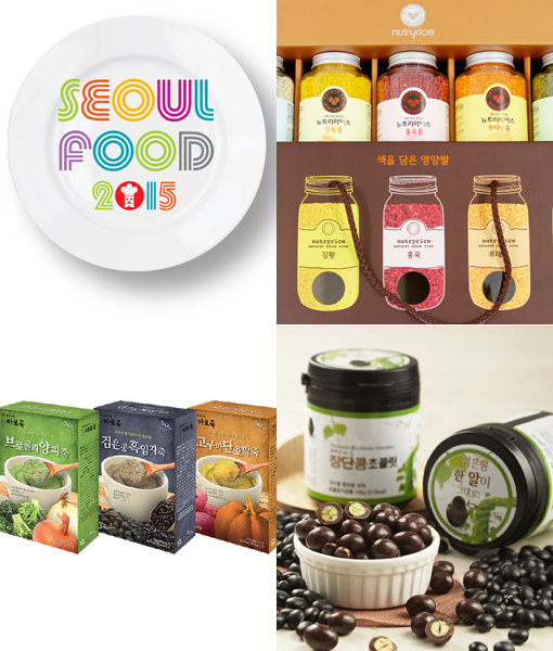 뉴트리라이스 ‘영양쌀’-DMZ드림푸드 ‘장단콩 초콜릿’-철수식품 ‘바로죽’(오른쪽 상단에서 시계방향으로)