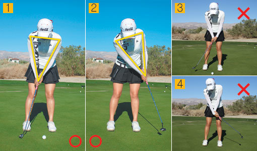 1,2. 퍼트는 가장 편안한 자세를 유지하는 게 중요하고, 스트로크하는 동안 이 자세를 그대로 유지하면 좀 더 정확한 퍼트를 할 수 있다. 셋업 때 양 어깨와 팔, 손을 역삼각형으로 만들고 스트로크 하는 동안 이 각도를 유지해보자. 3,4. 퍼트에서 가장 좋지 않은 습관은 손목을 쓰는 것이다. 이렇게 퍼트하는 골퍼의 경우 거리 조절에 실패해 3퍼트, 4퍼트를 남발한다.