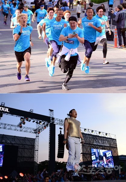 강남(맨 왼쪽) 등 질주하고 있는 연예인 스타들과 피날레 공연을 하고 있는 월드가수 싸이(아래사진). 김진환 기자 kwangshin00@donga.com