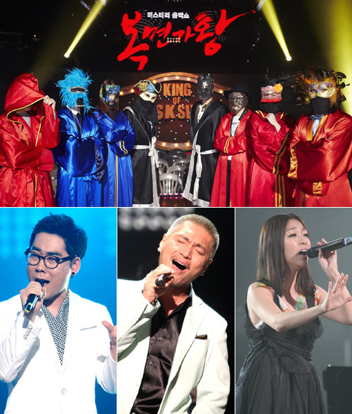 목소리를 악기 삼아 가장 아름다운 음색을 자랑하는 보컬리스트들이 각광받고 있다. 사진은 외모와 출신 등 선입견을 버리고 오로지 목소리만으로 승부하는 MBC ‘일밤-복면가왕’(위쪽사진)과 ‘나는 가수다’를 통해 다시 한번 존재감을 드러낸 가수 김연우-임재범-박정현.(아래 맨 왼쪽부터) 사진제공|MBC
