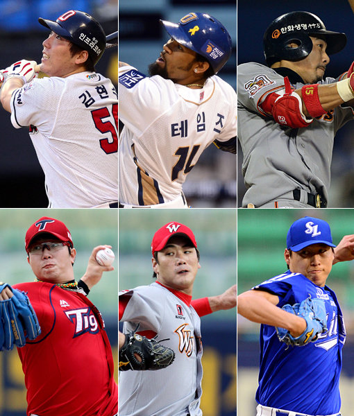 두산 김현수-NC 테임즈-한화 이용규-삼성 차우찬-SK 김광현-KIA 양현종(왼쪽 상단부터 시계방향으로). 사진|스포츠동아DB·스포츠코리아