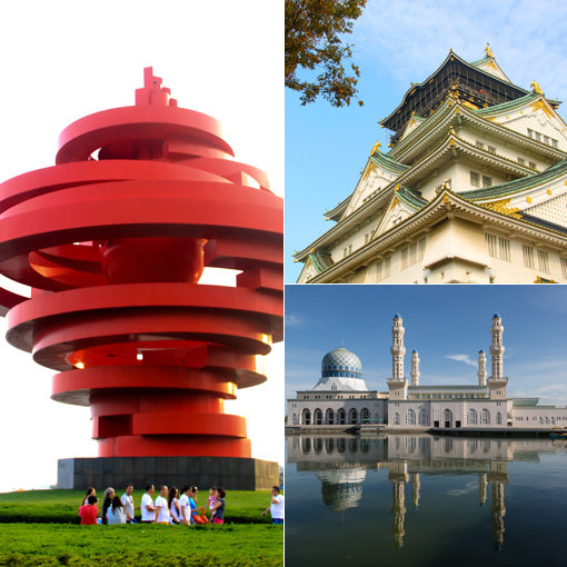 칭다오 ‘5·4광장’-일본 ‘오사카 성’-코타키나발루 ‘시티모스크’(맨 왼쪽부터 시계방향으로)