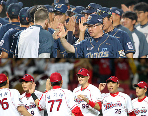 혼자 가면 빨리 가지만, 함께 가면 멀리 간다. 선수 개인의 스타성보다 팀 전체의 조화와 협심을 강조한 NC(위)와 KIA(아래)의 돌풍은 야구가 ‘함께 하는’ 스포츠라는 진리를 다시 한번 일깨운다. 사진제공|스포츠코리아