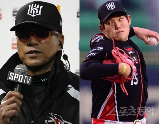 kt 정대현(오른쪽)은 26일 목동 넥센전에서 1회에만 폭투 4개를 기록했다. kt 조범현 감독(왼쪽)이 1군 엔트리 등록선수인 정대현에게 이례적인 ‘2군 훈련’을 지시한 이유다. 스포츠동아DB