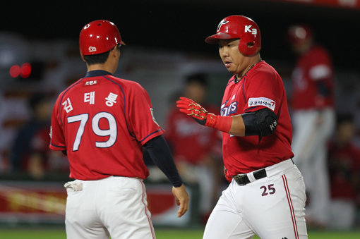 KIA 이범호(오른쪽)가 30일 사직 롯데전에서 3-0으로 앞선 3회초 2사 1루서 우중월2점홈런을 친 뒤 홈에서 김태룡 1루코치의 축하를 받고 있다. 이범호는 이 한 방으로 한 시즌 개인 최다홈런(27호)과 더불어 개인통산 249홈런을 기록하며 김기태 감독과 어깨를 나란히 했다. 사진제공|스포츠코리아