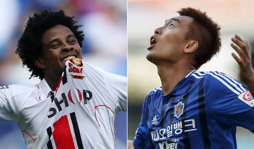 K리그 클래식 득점왕 레이스가 사실상 양강 구도로 좁혀졌다. FC서울 아드리아노(왼쪽)와 울산현대 김신욱이 나란히 15골을 기록 중이다. 남은 4경기에서 둘의 경쟁이 더욱 치열할 전망이다. 사진제공|한국프로축국연맹