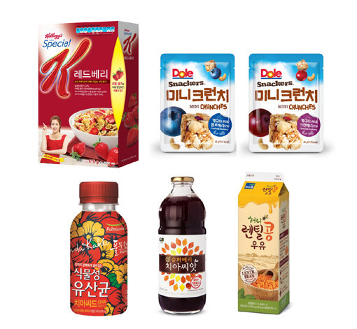 곡물과 견과류에는 각종 영양소가 풍부하고 항산화 성분이 함유되어 있어 다이어트와 피부 미용에도 도움이 된다. 켈로그, 돌(2개), 풀무원, 자연원, 푸르밀 제품.