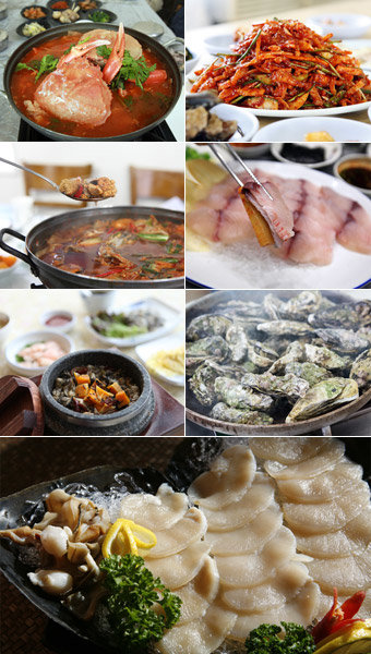 키조개 회-굴솥밥-도루묵찌개-붉은대게탕-간재미무침-삼치회-굴 구이 (맨 아래사진에서 시계방향으로)