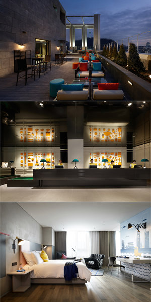 롯데호텔이 처음 도입한 라이프스타일 브랜드 L7 명동이 자랑하는 루프탑바 플로팅. 노란색을 테마로 캐주얼하게 디자인한 유니폼을 입은 L7 명동 호텔리어와 토드 홀로우백의 작품이 걸린 로비 라운지, 캐릭터 디자이너 그룹 모모트의 그래픽 아트로 장식한 스위트룸 ‘로코믹스 스위트’.(맨 위쪽사진부터) 사진제공｜롯데호텔