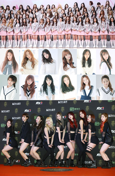 101명 연습생 ‘프로듀스 101’-걸그룹 ‘우주소녀’- 걸그룹 ‘트와이스’(맨 위쪽부터). 사진｜스타쉽엔터테인먼트·동아닷컴DB