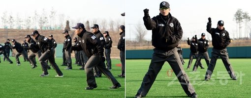 27일 경기도 이천 LG챔피언스파크에서 열린 ‘KBO 심판역량 강화교육’에서 심판들이 심판판정에 대해 교육을 펼치고 있다. 이천｜김민성 기자 marineboy@donga.com