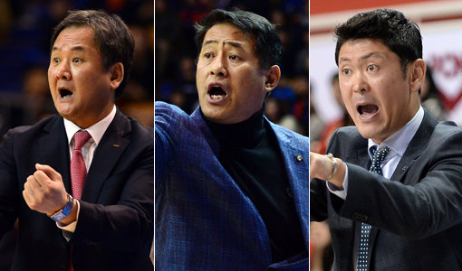 모비스, 오리온, KCC가 남자프로농구 2015~2016시즌 정규리그 막판 치열한 우승 경쟁을 펼치고 있다. 세 팀의 6라운드 맞대결 결과로 우승 트로피의 향방이 가려질 전망이다. 모비스 유재학 감독, 오리온 추일승 감독, KCC 추승균 감독(맨 왼쪽부터). 사진|스포츠동아DB·KBL