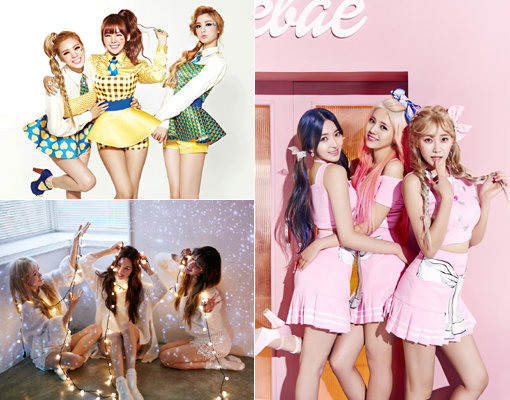 오렌지캬라멜과 소녀시대-태티서에 이어 AOA크림(왼쪽상단부터 시계반대 방향으로)이 ‘3인조 유닛’의 성공시대를 이어가고 있다. 사진제공|플레디스·SM엔터테인먼트·FNC엔터테인먼트
