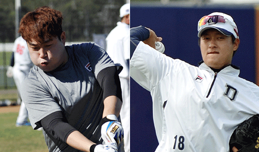 ‘디펜딩 챔피언’ 두산은 주전 포수이자 중심타자 양의지(왼쪽)의 엄지발가락 부상, 지난해 5월 아킬레스건 파열 부상을 당했던 강속구 투수 김강률의 복귀 시점이 최대급소로 꼽힌다. 사진제공|두산 베어스