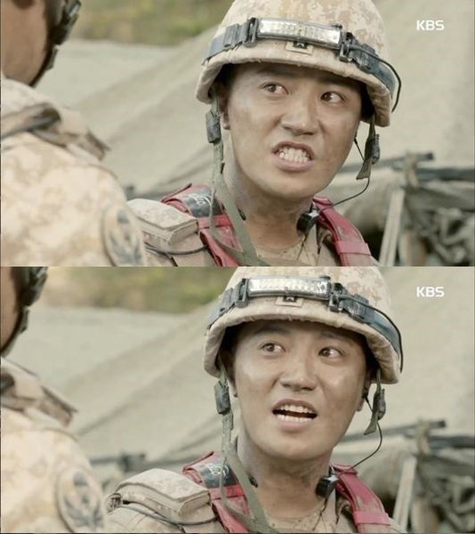 17일 방송한 ‘태양의 후예’에서 연기자 진구의 욕설 대사가 여과없이 나왔지만 이에 대한 진지한 논의는 이뤄지지 않고 있다. 사진출처｜KBS 화면캡처