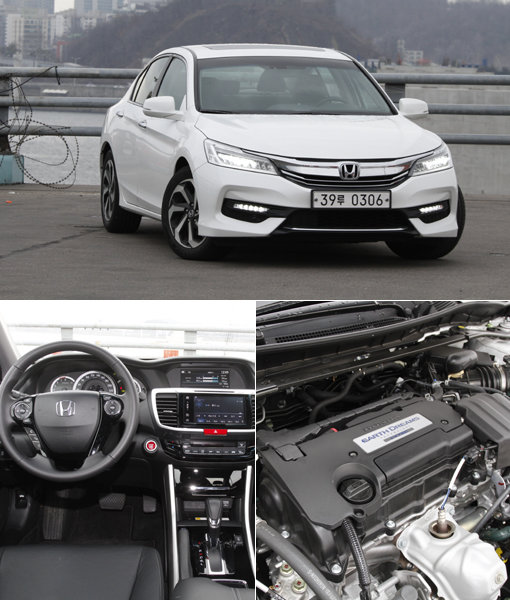 혼다의 월드 베스트셀링 세단 ‘어코드 2.4 모델’은 부드러운 가속과 조정성이 우수한 브레이크 등 뛰어난 성능은 물론 3D 내비게이션, 7인치 듀얼 디스플레이, 애플 카플레이 구현 등 IT시스템을 업그레이드 해 더욱 매력적인 세단으로 거듭났다. 혼다 특유의 감성이 느껴지는 실내와 4기통 2.4 DOHC i-VTEC DI가 장착된 엔진룸(작은 사진 왼쪽부터). 사진제공|지피코리아