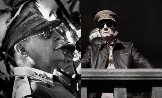 실제 맥아더 장군 사진과 리암 니슨(오른쪽)의 스틸. 사진｜CJ엔터테인먼트