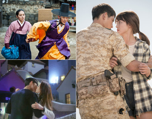 2012년 방송한 ‘해를 품은 달’부터 2014년 ‘별에서 온 그대’ 올해 ‘태양의 후예’(왼쪽상단부터 시계반대방향으로)까지 화제작은 지상파 방송 3사가 수요일과 목요일 밤 10시에 방송한 수목드라마였다. 사진제공｜MBC·SBS·NEW