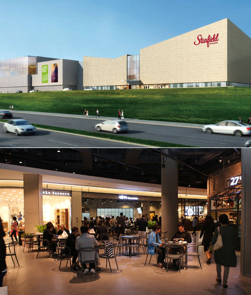 신세계와 현대백화점이 수도권 인근에 대형 쇼핑 테마파크와 아웃렛을 오픈하는 등 치열한 유통경쟁을 예고하고 있다. 경기도 하남 미사지구에 들어설 신세계의 스타필드 하남(위)과 현대백화점의 프리미엄아웃렛송도점 내부 전경. 사진제공|신세계·현대백화점