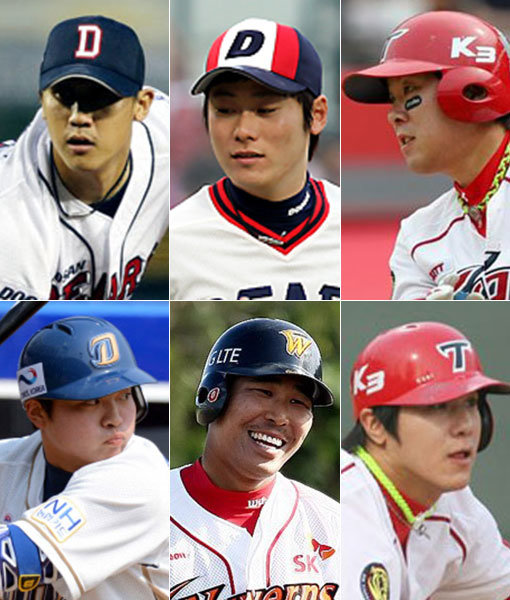 두산 이용찬-이원석-KIA 안치홍-김선빈-SK 한동민-NC 권희동(왼쪽 상단부터 시계방향으로) 사진제공｜두산 베어스·KIA 타이거즈·SK 와이번스·NC 다이노스