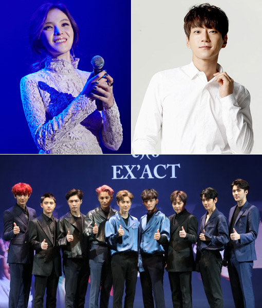 가수 거미-황치열-그룹 엑소. 사진제공｜씨제스엔터테인먼트·HOW엔터테인먼트·SM엔터테인먼트