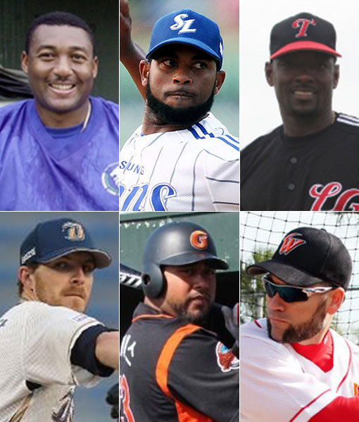 전 삼성 갈베스-카리대-전 LG 아이바-전 SK 스캇-전 롯데 히메네스-전 NC 아담(왼쪽 상단부터 시계방향으로). 사진제공｜삼성 라이온즈·LG 트윈스·SK 와이번스·NC 다이노스·롯데 자이언츠