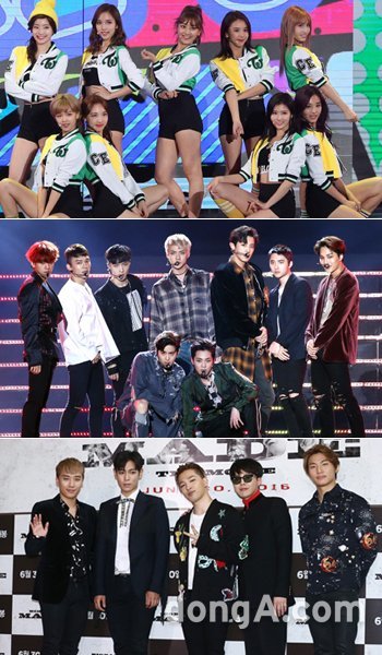 걸그룹 트와이스-그룹 엑소-빅뱅(맨 위부터). 동아닷컴DB