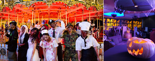 할로윈데이(31일)를 앞두고 테마파크와 호텔 등에서는 다양한 아이디어의 행사와 이벤트가 열린다. 올해 좀비를 테마로 한 호러 이벤트로 큰 인기를 모은 롯데월드의 ‘할로윈 나이트메어’(왼쪽)와 고객이 참여한 가면가왕이란 아이디어로 꾸민 그랜드 앰배서더 서울의 할로윈 파티.