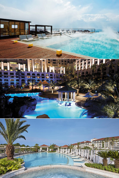 ‘몸은 따뜻하고 머리는 상쾌 시원!’ 겨울 제주여행의 색다른 재미를 느끼게 하는 호텔 온수풀들. (맨위부터) 360도 파노라마 뷰를 자랑하는 켄싱턴 제주 호텔의 루프탑 스카이피니티풀, 제주 최대 규모를 자랑하는 롯데호텔제주의 온수풀 해온, 이국적인 풍광과 ‘플로팅 시네마’ 같은 색다른 프로그램이 특징인 제주 신라호텔의 온수풀.