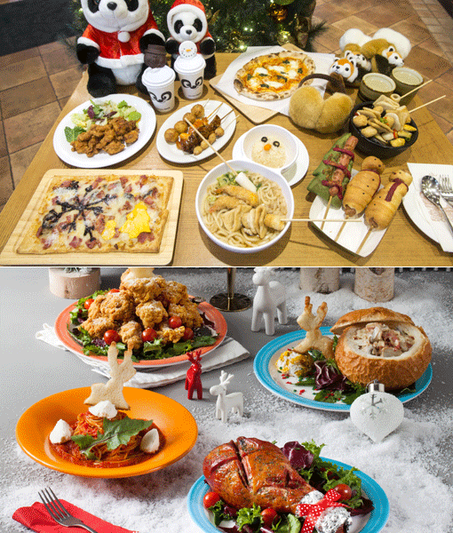 에버랜드가 겨울축제 ‘크리스마스 판타지’에 맞춰 내놓은 스페셜 메뉴(위쪽)와 산타, 루돌프 등 크리스마스 주요 캐릭터를 음식 테마로 응용한 롯데월드의 시즌축제‘크리스마스 미러클’의 크리스탈 팰리스 식음 메뉴.