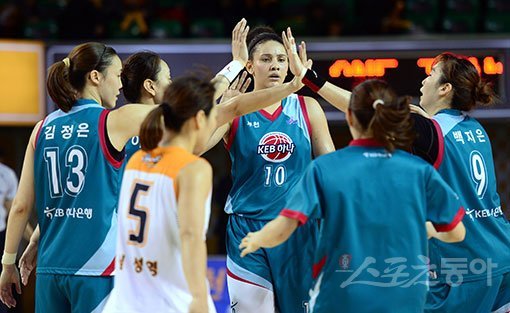 19일 충북 청주실내체육관에서 열린 ‘삼성생명 2016-2017 여자프로농구’ 청주 KB스타즈와 부천 KEB하나은행의 경기에서 KEB하나은행이 KB에 70-61로 승리하며 3연승을 기록한 뒤 선수들이 코트에서 기쁨을 나누고 있다. 청주 | 김민성 기자 marineboy@donga.com