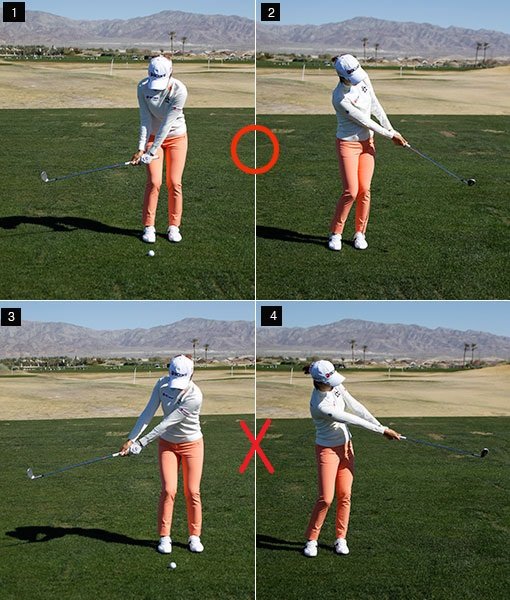 1. 2. 백스윙부터 임팩트, 팔로스루까지 스윙이 진행되는 동안 몸과 양 팔 그리고 손이 하나로 일체된 느낌을 유지하는 것이 포인트다. 그러면 손목은 클럽과 몸의 움직임에 따라 매우 자연스럽게 꺾인다.

3. 4. 과도한 코킹을 자제하기 위해 백스윙 때 일부러 팔을 곧게 뻗으면 손이 몸에서 멀어지면서 안정된 스윙을 할 수 없게 된다. 이는 임팩트 때 팔을 많이 사용하게 돼 거리와 방향성 확보에도 나쁜 영향을 준다.