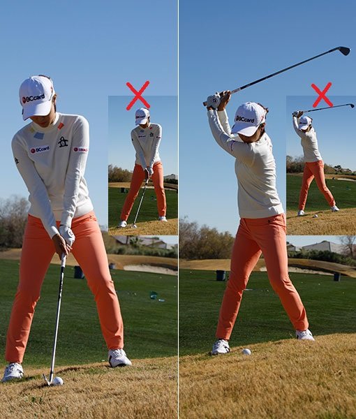 1. 어드레스 때 몸의 중심축이 지면과 직각을 이루고, 양 어깨를 잇는 선은 지면과 평행이 되도록 유지해야 한다. 2. 백스윙의 크기는 평소의 4분의 3 정도면 충분하다. 백스윙 때 체중이 왼발 쪽에 남아있으면 몸이 C자형으로 만들어지면서 ‘뒤땅’이나 토핑 같은 미스샷을 유발할 위험이 높아진다. 백스윙이 작아진 만큼 피니시 동작도 간결하게 마무리하는 것이 좋다.